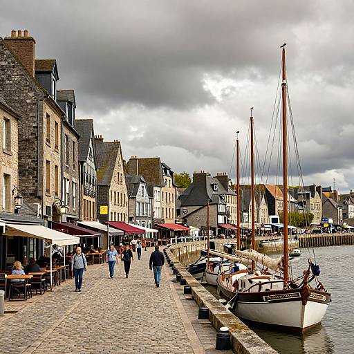 Photograph of a quaint European harbor street with cobblestone path, lined with historic buildings, outdoor cafes, and docked sailboats under a cloudy