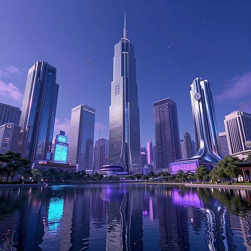 Photorealistic CGI of a futuristic cityscape at night, featuring tall, illuminated skyscrapers reflecting on a calm, blue-lit waterfront.