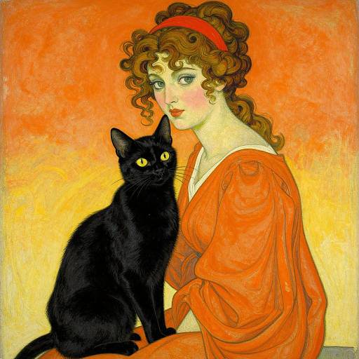 Artistic painting of a fair-skinned woman with curly brown hair, red headband, and orange dress, sitting beside a black cat with glowing yellow