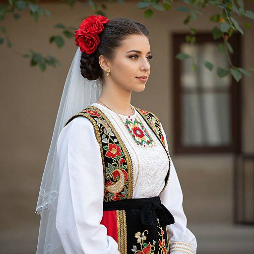 Photograph of a young woman with dark hair in an updo, adorned with a red rose, wearing a traditional white blouse, black embroidered vest,