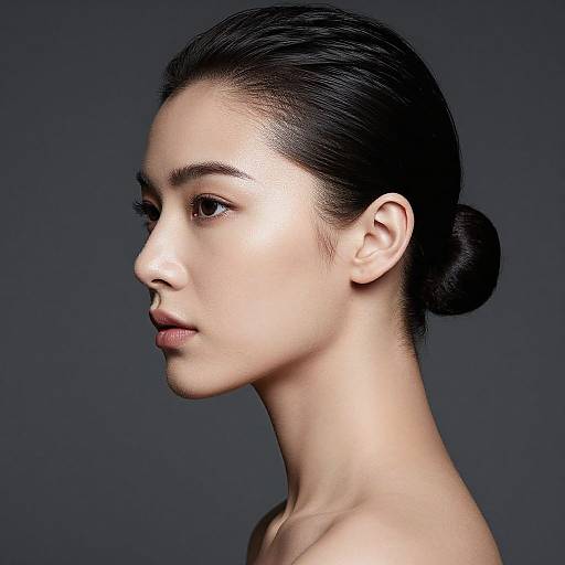 Photograph of an Asian woman with fair skin, sleek black hair in a bun, and a profile view, against a dark gray background.