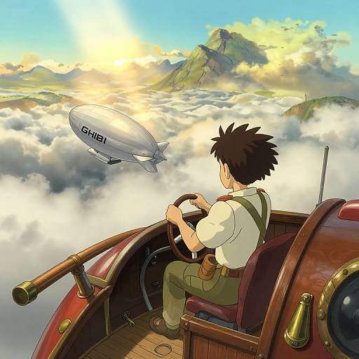 Anime-style drawing of a young man with spiky black hair steering a wooden airship above fluffy clouds, with a 