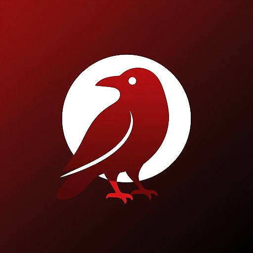 Bold red silhouette of a crow with white circular background, set against a dark red to black gradient. Minimalist, graphic style.