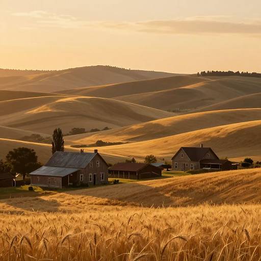 Sunlit rural landscape photograph: golden wheat fields, rolling hills, and three rustic houses with tin roofs nestled among tall trees.