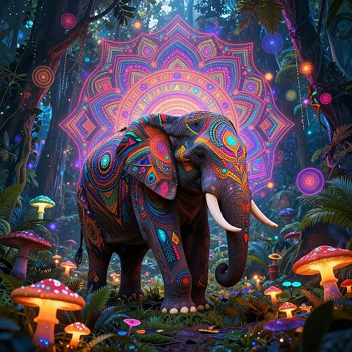 Psychedelic Elephant with Neon Mandalas