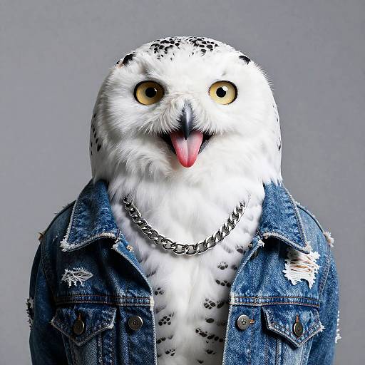 Snowy Owl in Denim Jacket and Silver Chain