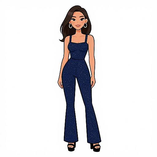Digital illustration of a woman with long black hair, wearing a sparkling navy blue jumpsuit, large hoop earrings, and black high heels, standing against a