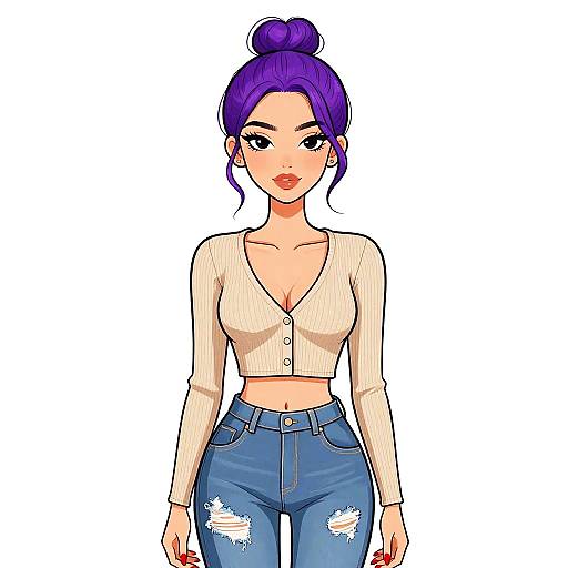 Digital anime-style drawing of a woman with purple hair in a bun, wearing a beige long-sleeve crop top and blue, ripped jeans, standing