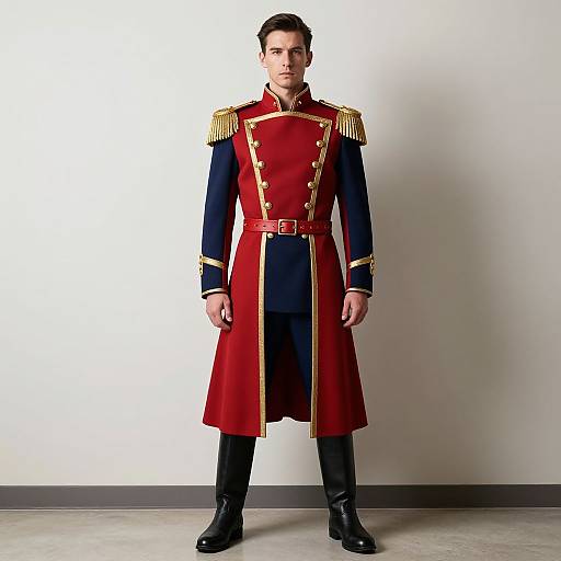 Photograph of a stern-looking man in a red and black military-style uniform with gold epaulettes, standing against a plain white wall.