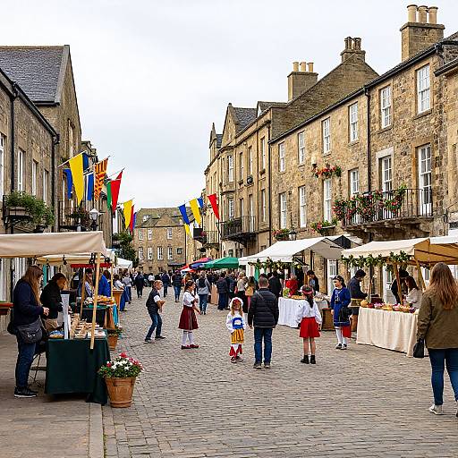 Colorful street market in a quaint, stone-built town, bustling with people, colorful flags, market stalls, and children, under a cloudy sky.