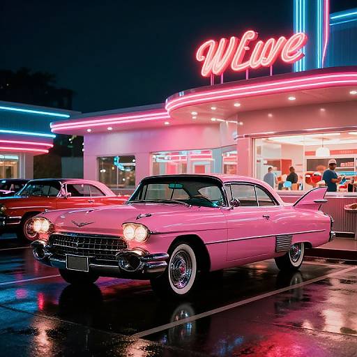 Photograph of a pink 1950s vintage car with glowing headlights in front of a neon-lit 