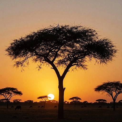 Photograph of a silhouetted acacia tree against a vibrant orange sunset, with additional trees and a sun below, in an African savanna