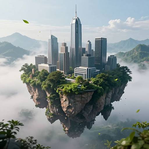 Photorealistic CGI of a futuristic, skyscraper-filled island floating above a misty valley, surrounded by lush greenery and mountainous landscape.