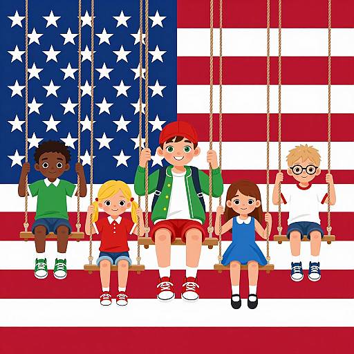 Children Swinging on American Flag