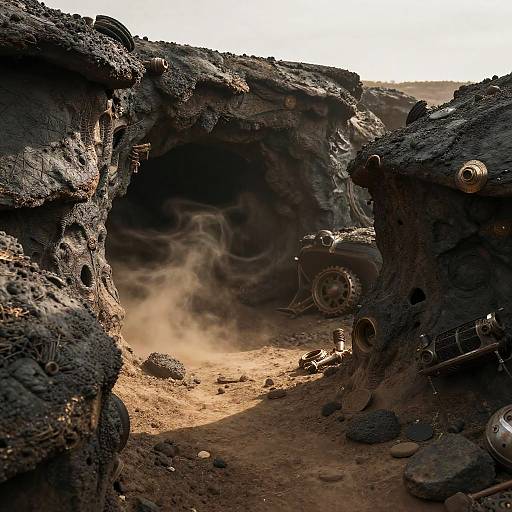 Photograph of a rugged, rocky cave entrance with jagged black textures, pipes, and a dusty, sandy floor illuminated by sunlight.