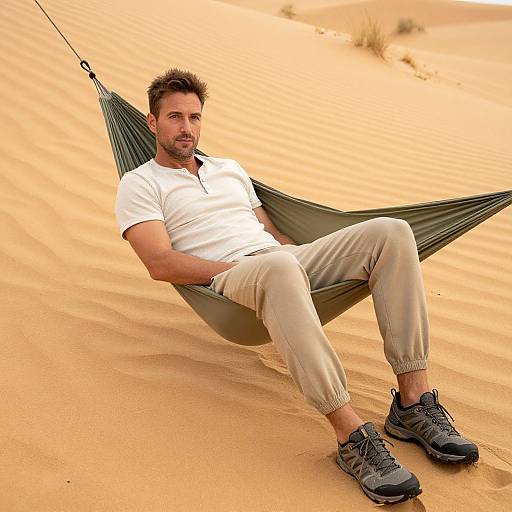 Photograph of a bearded man with short brown hair, wearing a white shirt, beige pants, and gray shoes, relaxing in a green hammock
