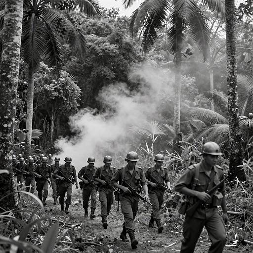 Black-and-White Photo of Soldiers Advancing in Jungle