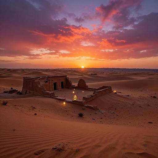 Photograph of a desert sunset with ancient stone ruins illuminated by torches, surrounded by orange and purple sand dunes under a vibrant, colorful sky.