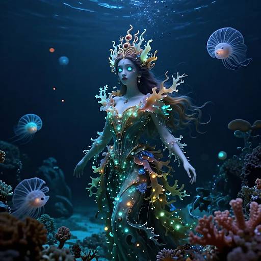 Digital artwork of a glowing underwater mermaid with ethereal crown, surrounded by bioluminescent jellyfish and colorful coral, in a dark blue ocean