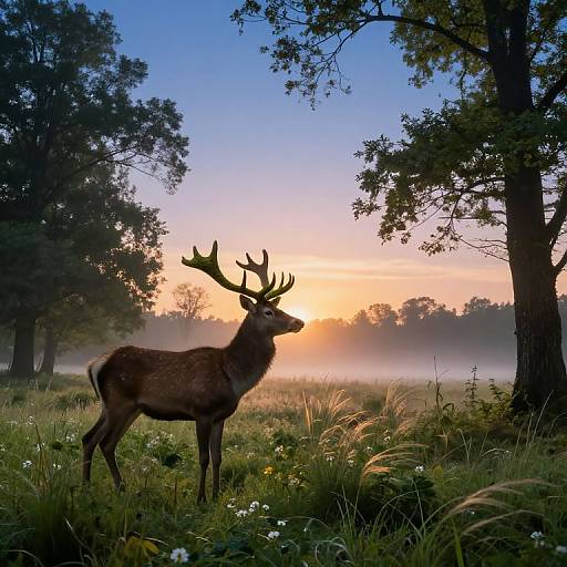 Photograph of a majestic stag with large antlers standing in a misty forest clearing at sunrise, surrounded by tall trees and wildflowers.