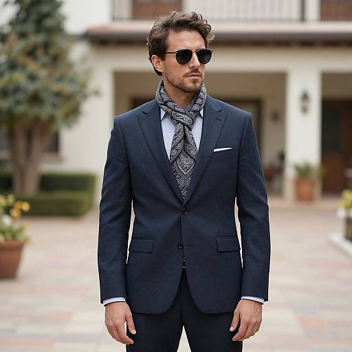 Photograph of a handsome man with dark hair, sunglasses, and a patterned scarf, wearing a dark navy suit, standing outdoors in a courtyard.