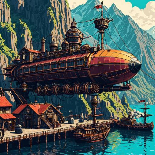 Vibrant Steampunk Airship Docking Scene