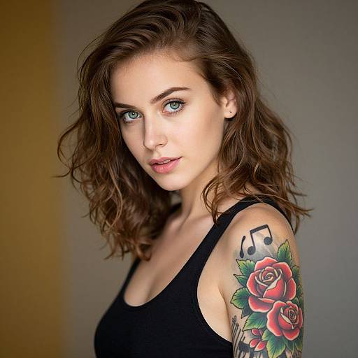 Photograph of a fair-skinned woman with wavy brown hair, blue eyes, wearing a black tank top, showing a colorful rose and music note