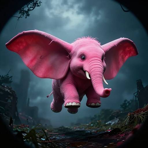 Digital artwork of a pink, cartoon-style elephant with large ears and white tusks, mid-jump in a dark, foggy forest.