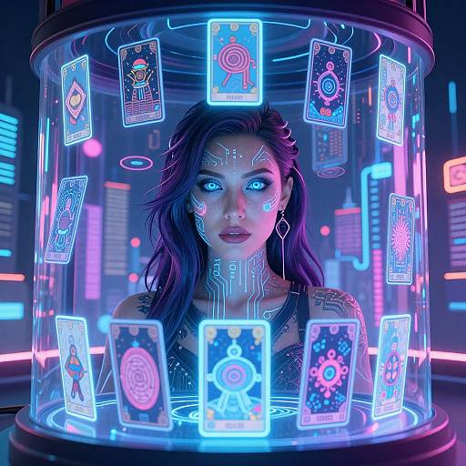 Futuristic Cyber Oracle with Neon Tarot
