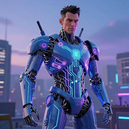 Photorealistic CGI of a muscular, fair-skinned man with short black hair, wearing a glowing, futuristic, blue and purple armored suit, standing