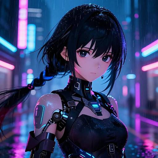 Digital anime artwork of a serious, rain-soaked, black-haired woman with cybernetic arms in a neon-lit, futuristic city street.