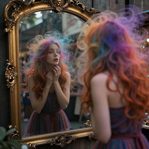 Photograph of a woman with vibrant, rainbow-colored, curly hair, reflected in an ornate gold mirror, wearing a dark, sleeveless dress,