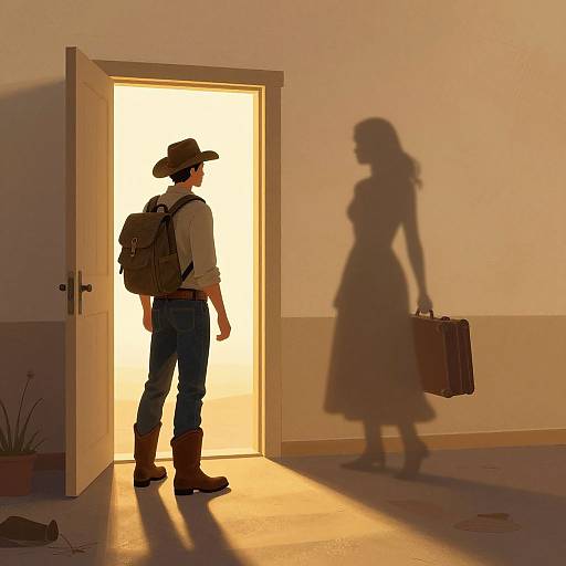 Photograph-style digital image: A man in cowboy hat, backpack, and boots stands in doorway, casting shadow of a woman with suitcase. Warm light