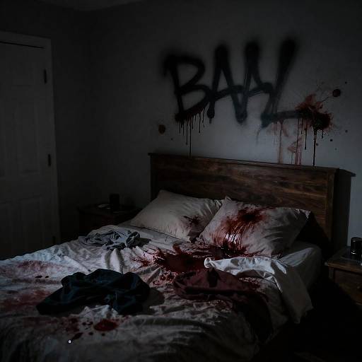 Dark Bedroom with Bloody Graffiti and Bloodstained Bed