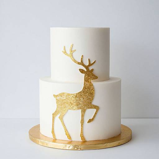 Photograph of a white, two-tiered cake with a gold glitter reindeer silhouette on the side, illuminated from behind, standing on a gold circular