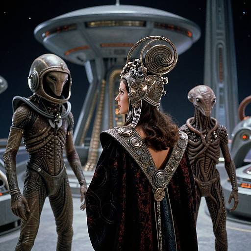Sci-fi photograph: Woman in ornate headdress, black velvet robe, stands between two alien figures in dark, textured suits, in front of a