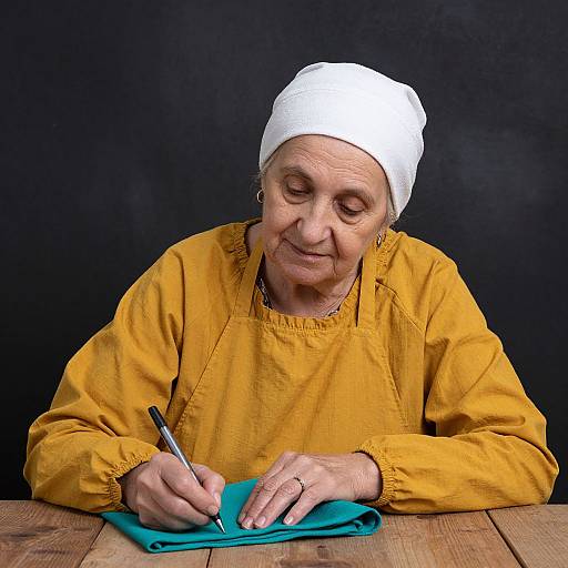 Elderly woman in yellow shirt and white headscarf writing on teal cloth with pen, against dark background. Photograph.