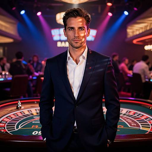 Photograph of handsome man with dark hair, wearing black suit and white shirt, standing in dimly lit casino, neon lights in background.