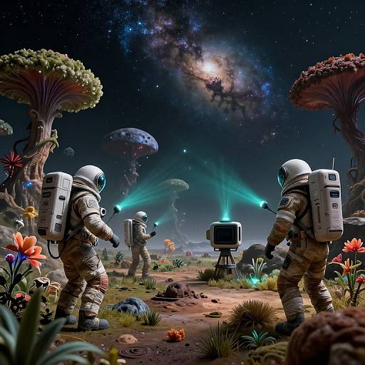 Digital artwork of four astronauts in white suits with backpacks, standing on a colorful alien planet, shining blue lasers at distant space ships and floating plants under