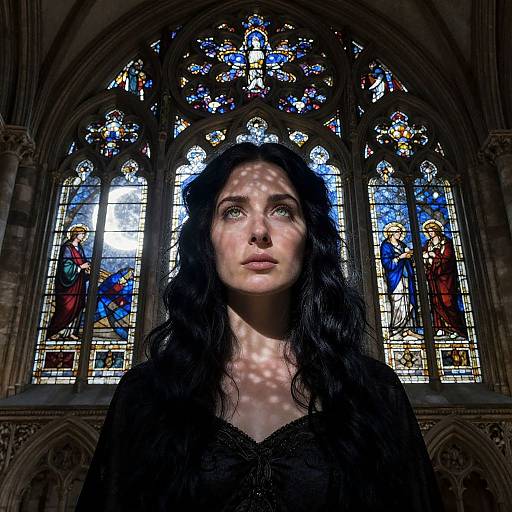 Photograph of a pale-skinned woman with long black hair, wearing a black dress, standing in front of a vibrant stained glass window in a Gothic