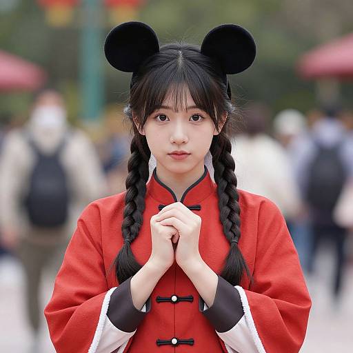 Photograph of an East Asian woman with black braided hair in black mouse ears, wearing a red Chinese cheongsam, hands clasped, standing