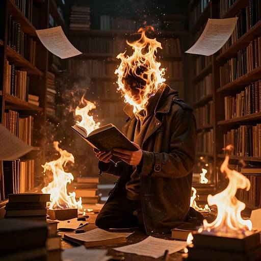 Photograph of a person with flaming hair and jacket, kneeling amidst burning books and papers in a dimly lit library.