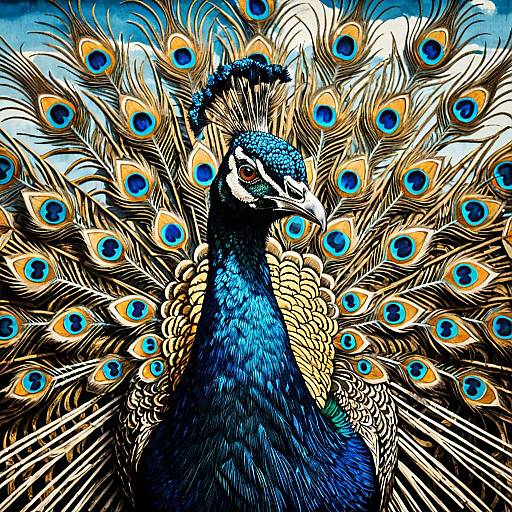 Intricate Peacock Portrait with Woodcut Design