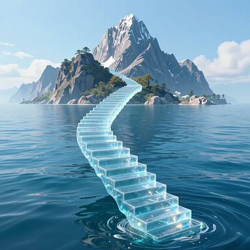 CGI image of a glowing, translucent, icy staircase ascending from calm blue water to towering, snow-capped mountains under a clear sky.