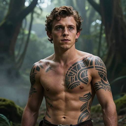 Fantasy Warrior with Tribal Tattoos in Mystic Forest