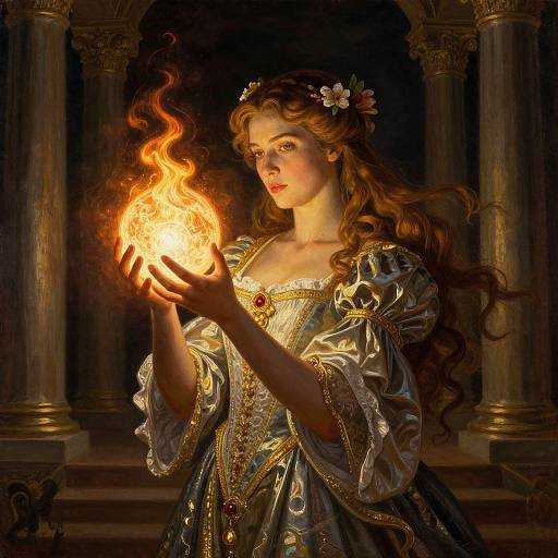Digital painting of a fair-skinned, long-haired woman with flowers in her hair, wearing an ornate blue gown, holding a glowing fiery orb in