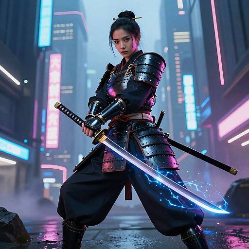 Futuristic Female Samurai in Neon City