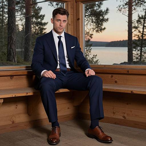 Photograph of a handsome man in a black suit, white shirt, and black tie, sitting on wooden bench by large window, sunset view, pine
