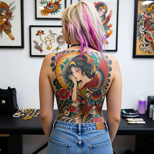 Photograph of a woman with pink and blonde hair, back tattoo of colorful peacock and woman, standing in tattoo parlor.