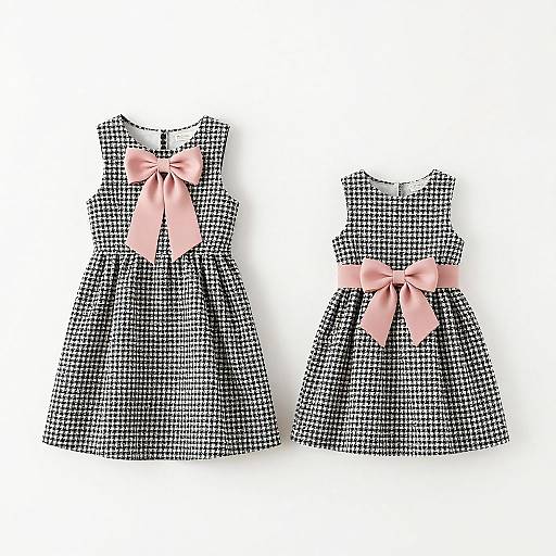 Photograph of two black-and-white houndstooth patterned sleeveless dresses with pink bows, one larger for adult, one smaller for child,